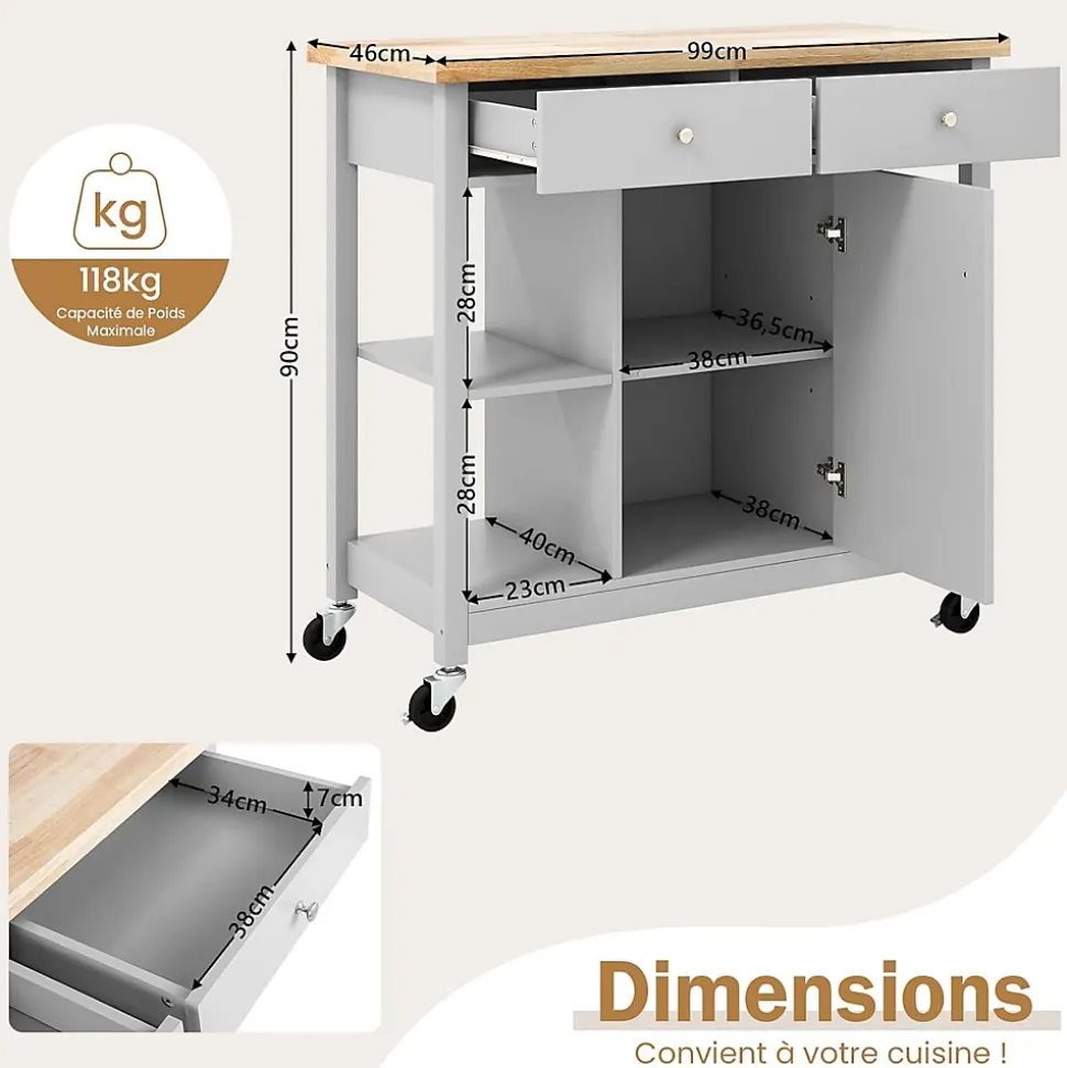 Desserte à roulettes de Cuisine avec Etagères Ouvertes Tiroirs Armoire Chariot de Cuisine Roulant avec 2 Roues Gris