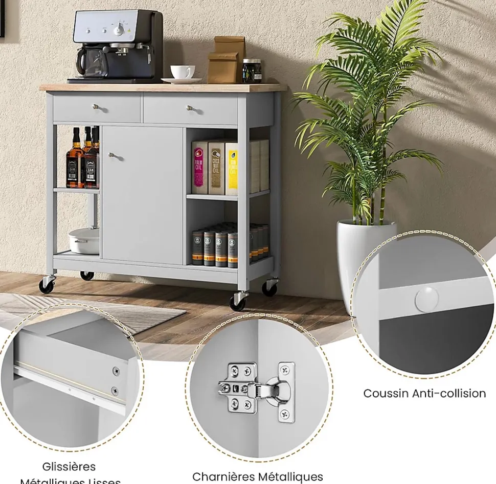 Desserte à roulettes de Cuisine avec Etagères Ouvertes Tiroirs Armoire Chariot de Cuisine Roulant avec 2 Roues Gris