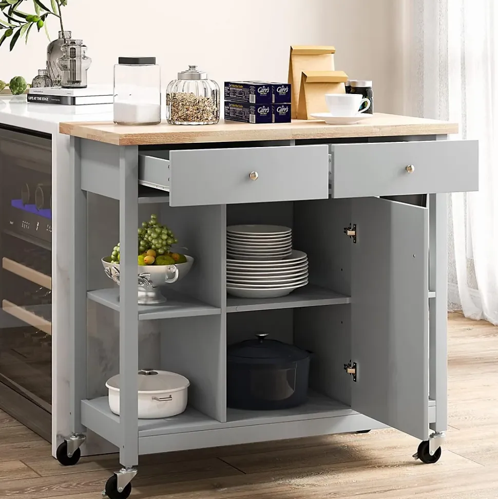 Desserte à roulettes de Cuisine avec Etagères Ouvertes Tiroirs Armoire Chariot de Cuisine Roulant avec 2 Roues Gris