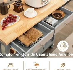 Desserte à roulettes de Cuisine avec Etagères Ouvertes Tiroirs Armoire Chariot de Cuisine Roulant avec 2 Roues Gris