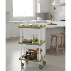 Desserte à roulettes, desserte de service Leky, 3 plateaux. Structure métallique tube à double montant blanc