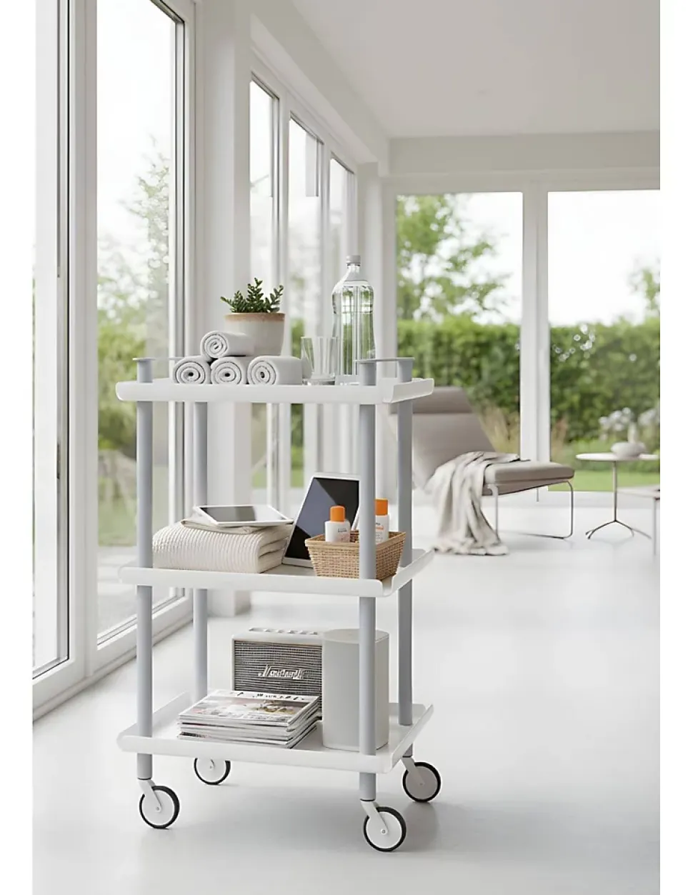 Desserte à roulettes, desserte de service Leky, métallique, 3 niveaux. Gris