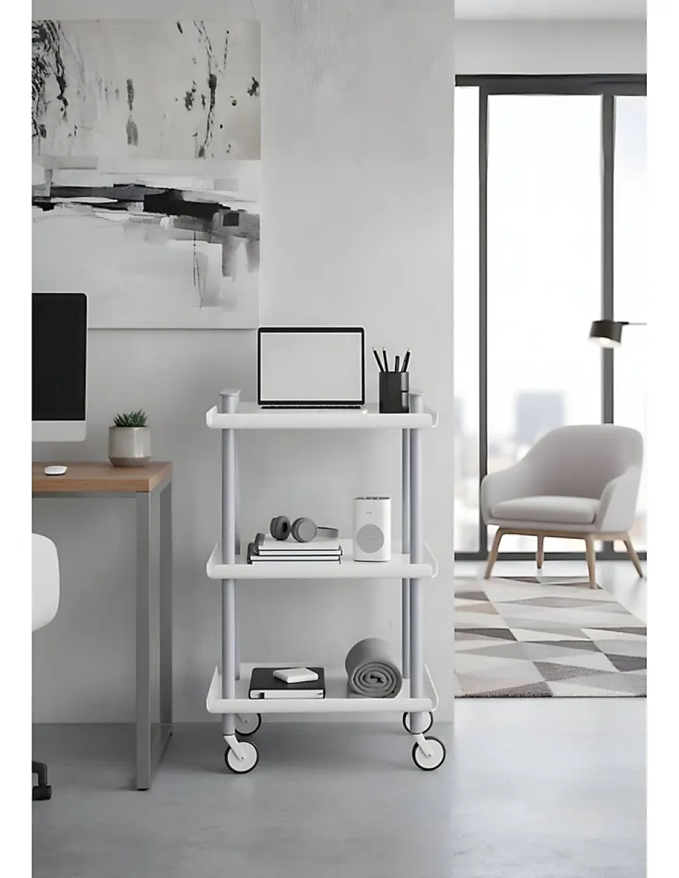 Desserte à roulettes, desserte de service Leky, métallique, 3 niveaux. Gris