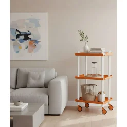 Desserte à roulettes, desserte de service Leky, 3 plateaux. Structure métallique tube à double montant blanc