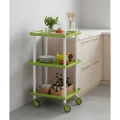 Desserte à roulettes, desserte de service Leky, 3 plateaux. Structure métallique tube à double montant blanc