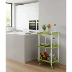 Desserte à roulettes, desserte de service Leky, 3 plateaux. Structure métallique tube à double montant blanc