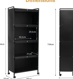Desserte à Roulettes Pliable Chariot Roulant 3 Niveaux avec Poignée Pratique pour Garage Cuisine Maison Noir