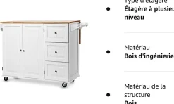 Desserte Chariot de Cuisine à Roulettes avec 1 Armoire à 3 Niveaux et 3 Tiroirs 2 Planches Réglables et Plateau Pliable Blanc