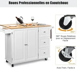 Desserte Chariot de Cuisine à Roulettes avec 1 Armoire à 3 Niveaux et 3 Tiroirs 2 Planches Réglables et Plateau Pliable Blanc