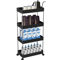 Desserte, chariot de rangement à roulettes large - 4 étagères - Noir - Linxor