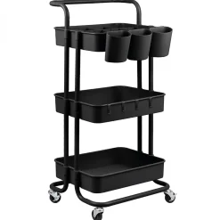 Desserte, chariot de rangement à roulettes avec poignée - 3 étagères - Noir - Vivezen