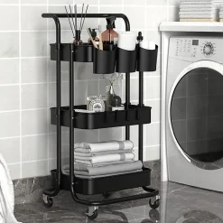 Desserte, chariot de rangement à roulettes avec poignée - 3 étagères - Noir - Vivezen