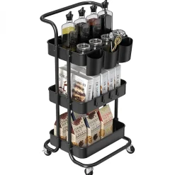 Desserte, chariot de rangement à roulettes avec poignée - 3 étagères - Noir - Vivezen