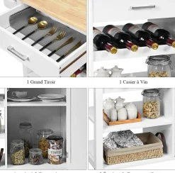 Desserte Chariot Îlot de Cuisine avec Comptoir en Bois Hévéa avec Tiroir Porte Serviettes Porte Bouteilles de Vin Blanc