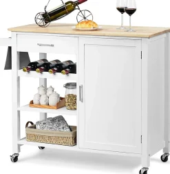 Desserte Chariot Îlot de Cuisine avec Comptoir en Bois Hévéa avec Tiroir Porte Serviettes Porte Bouteilles de Vin Blanc