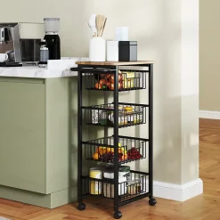 Desserte cuisine 4 paniers 4 roulettes pivotantes poignée acier noir plateau effet bois