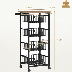 Desserte cuisine 4 paniers 4 roulettes pivotantes poignée acier noir plateau effet bois