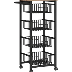 Desserte cuisine 4 paniers 4 roulettes pivotantes poignée acier noir plateau effet bois