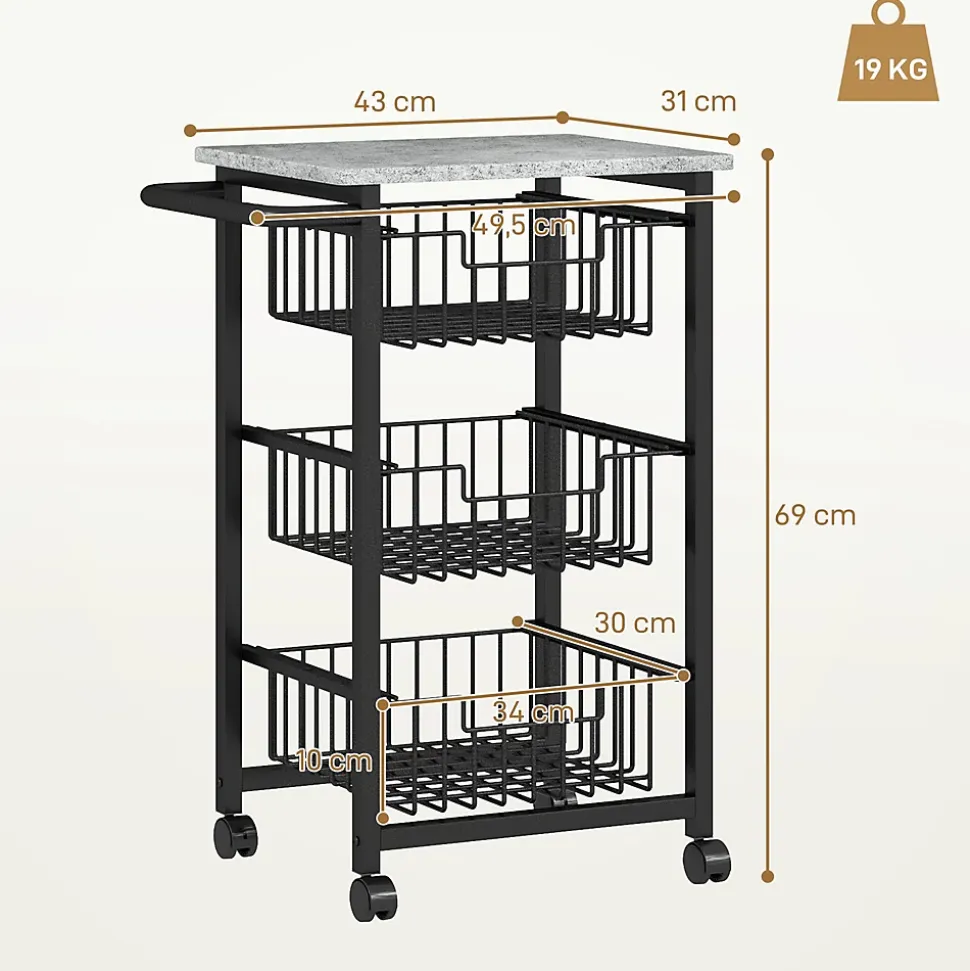 Desserte cuisine 3 paniers 4 roulettes pivotantes poignée acier noir plateau effet pierre gris clair