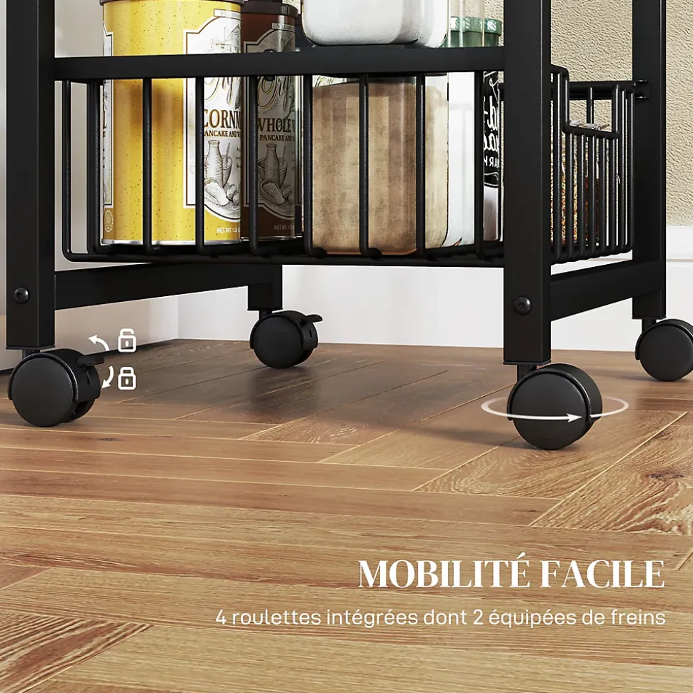 Desserte cuisine 3 paniers 4 roulettes pivotantes poignée acier noir plateau effet pierre gris clair