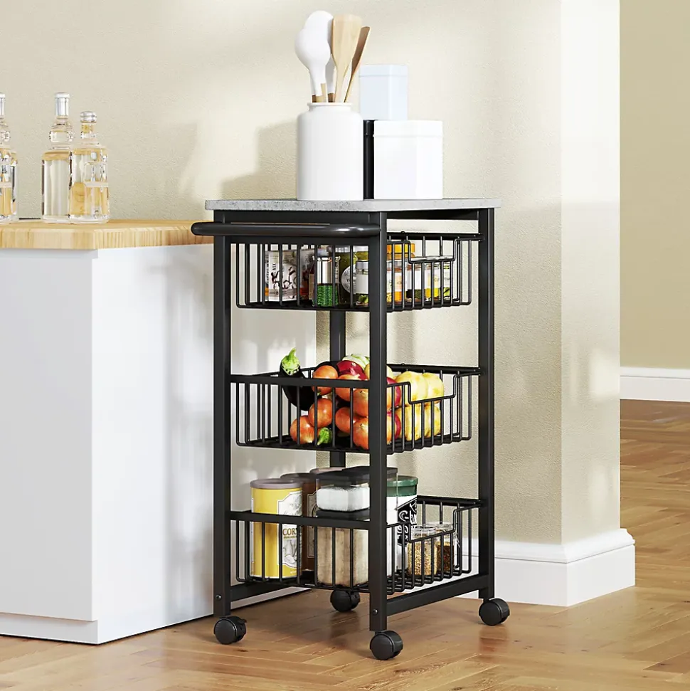 Desserte cuisine 3 paniers 4 roulettes pivotantes poignée acier noir plateau effet pierre gris clair