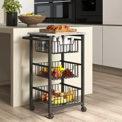 Desserte cuisine 3 paniers 4 roulettes pivotantes poignée acier noir plateau effet pierre gris clair