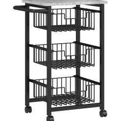 Desserte cuisine 3 paniers 4 roulettes pivotantes poignée acier noir plateau effet pierre gris clair