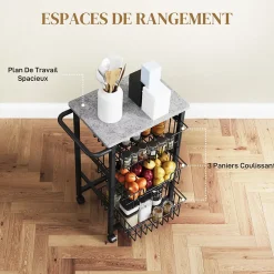 Desserte cuisine 3 paniers 4 roulettes pivotantes poignée acier noir plateau effet pierre gris clair