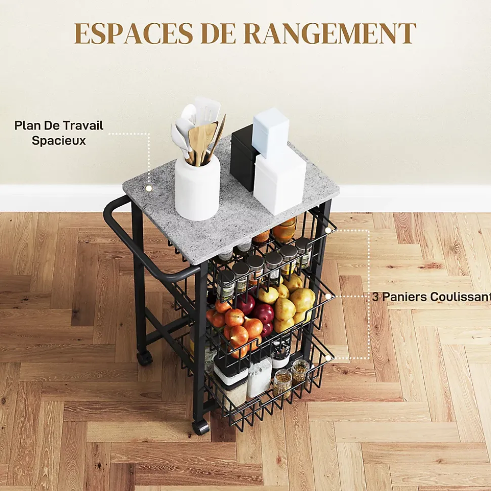 Desserte cuisine 3 paniers 4 roulettes pivotantes poignée acier noir plateau effet pierre gris clair