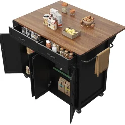 Desserte cuisine 4 portes/2 tiroirs, plan coulissant, bois veiné, noir