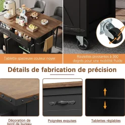 Desserte cuisine 4 portes/2 tiroirs, plan coulissant, bois veiné, noir