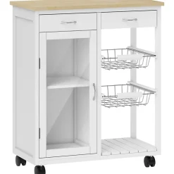 Desserte cuisine cosy plateau bambou verni - porte vitrée, 2 paniers, 2 tiroirs, 2 étagères - blanc