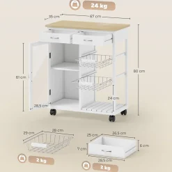 Desserte cuisine cosy plateau bambou verni - porte vitrée, 2 paniers, 2 tiroirs, 2 étagères - blanc