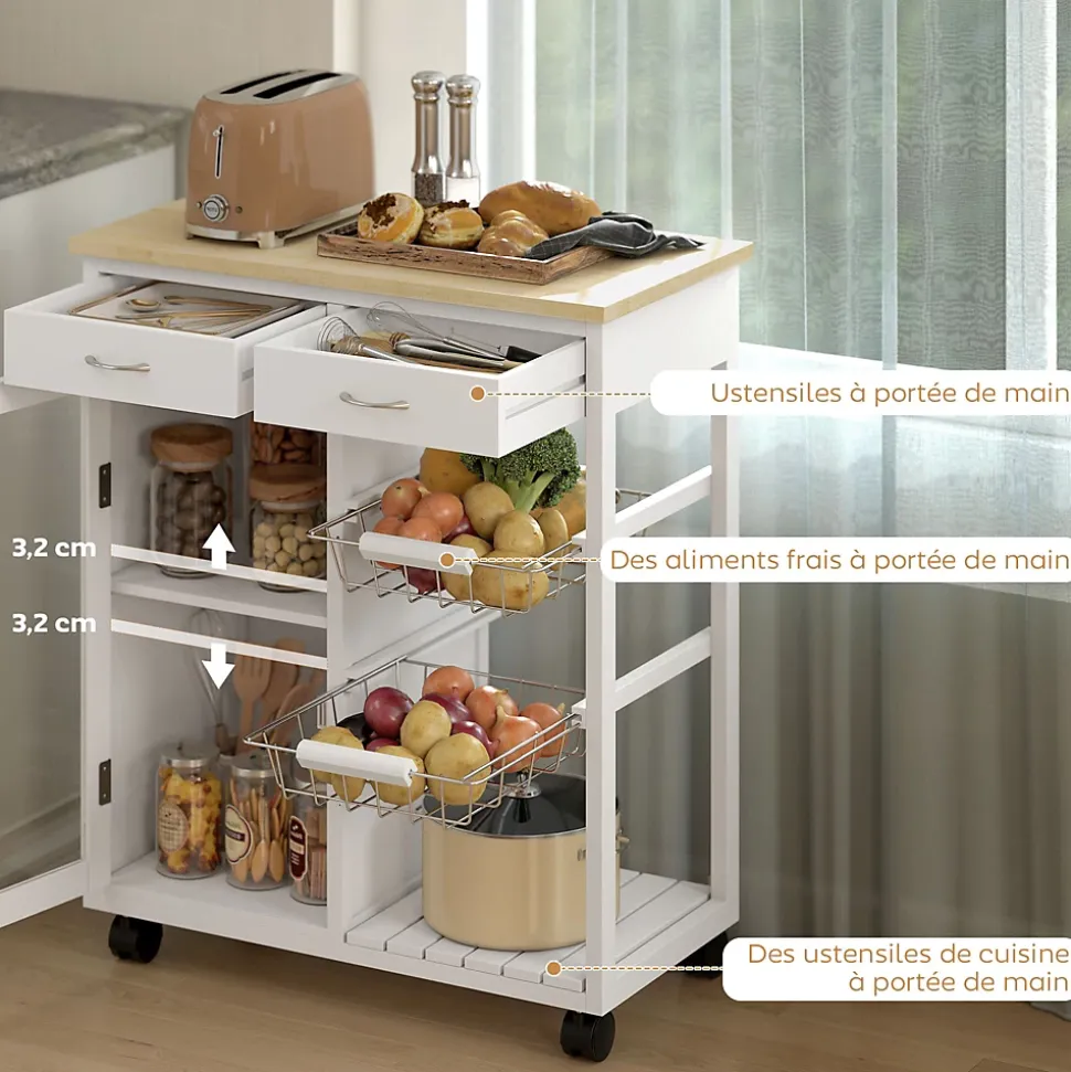 Desserte cuisine cosy plateau bambou verni - porte vitrée, 2 paniers, 2 tiroirs, 2 étagères - blanc