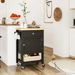 Desserte cuisine épais plateau bois clair noir tiroir placard étagère porte-serviettes