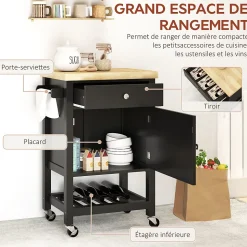 Desserte cuisine épais plateau bois clair noir tiroir placard étagère porte-serviettes