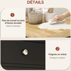 Desserte cuisine épais plateau bois clair noir tiroir placard étagère porte-serviettes