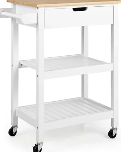 Desserte de Cuisine à 3 Niveaux avec Tiroir et Étagères Chariot avec Plan de Travail en Bambou Blanc