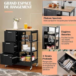 Desserte de Cuisine à roulettes Chariot de Cuisine en Bois avec 3 Tiroirs 3 étagères Plateau Amovible Noir