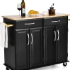 Desserte de Cuisine à Roulettes Verrouillables 2 Tiroirs 2 Porte Serviettes 2 Armoires à Double Porte Comptoir en Bois Noir