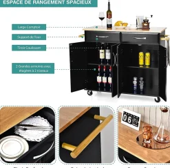 Desserte de Cuisine à Roulettes Verrouillables 2 Tiroirs 2 Porte Serviettes 2 Armoires à Double Porte Comptoir en Bois Noir