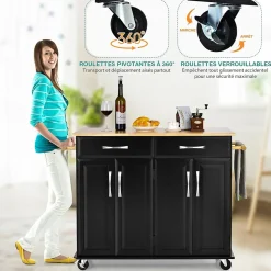 Desserte de Cuisine à Roulettes Verrouillables 2 Tiroirs 2 Porte Serviettes 2 Armoires à Double Porte Comptoir en Bois Noir