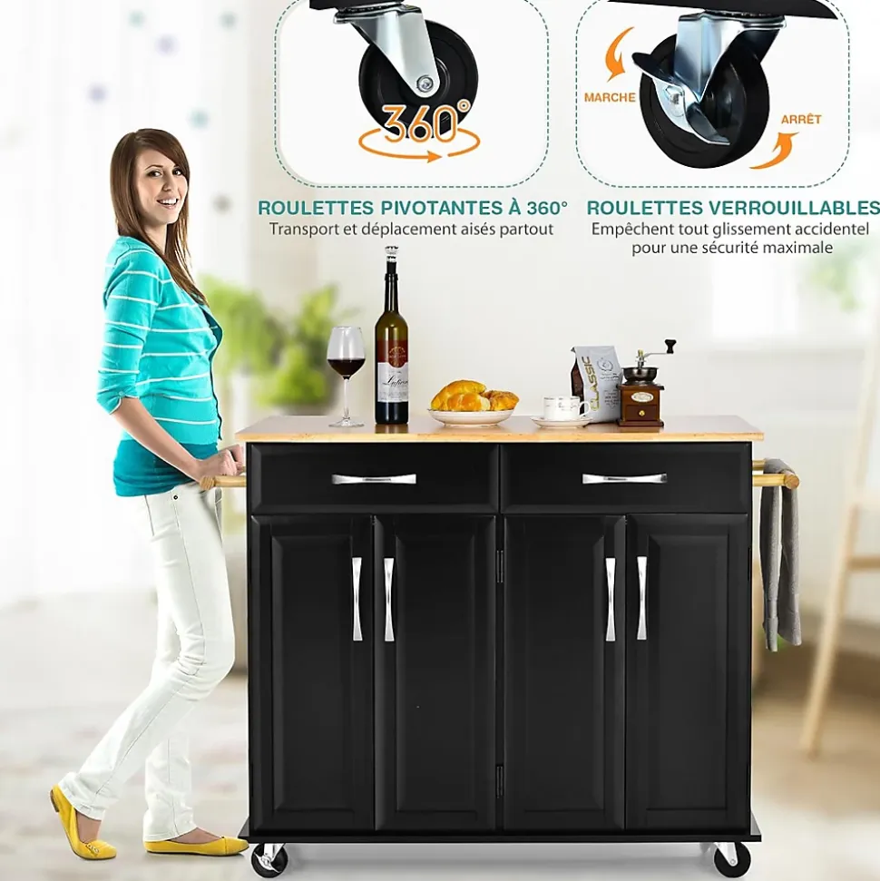 Desserte de Cuisine à Roulettes Verrouillables 2 Tiroirs 2 Porte Serviettes 2 Armoires à Double Porte Comptoir en Bois Noir