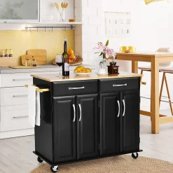 Desserte de Cuisine à Roulettes Verrouillables 2 Tiroirs 2 Porte Serviettes 2 Armoires à Double Porte Comptoir en Bois Noir