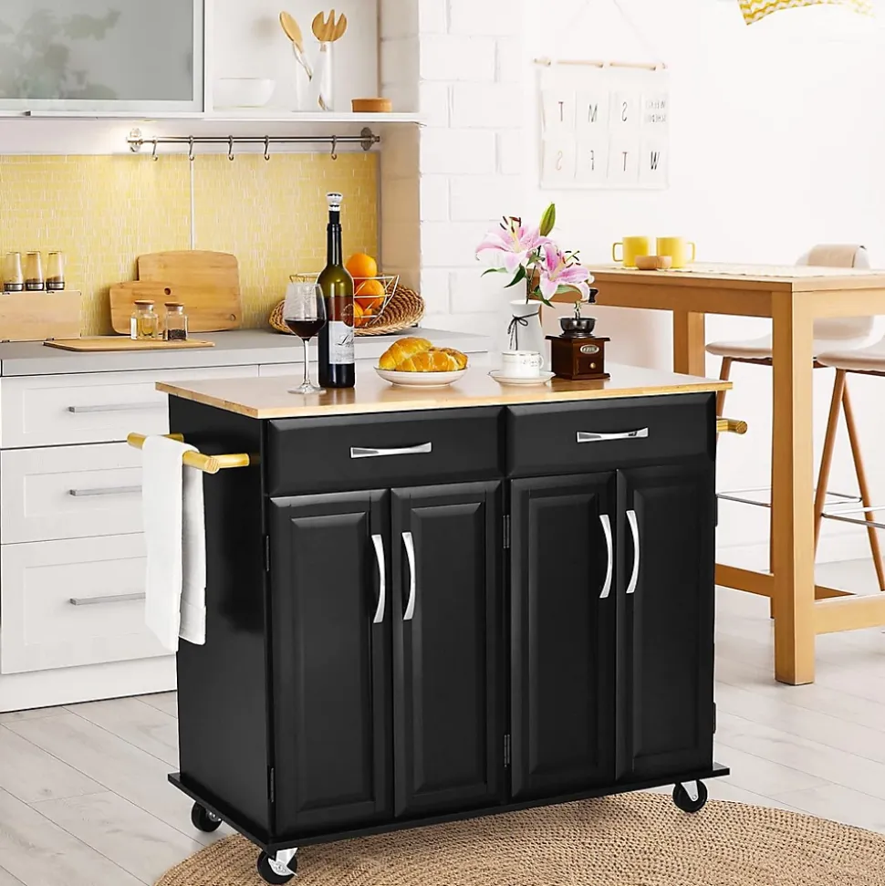 Desserte de Cuisine à Roulettes Verrouillables 2 Tiroirs 2 Porte Serviettes 2 Armoires à Double Porte Comptoir en Bois Noir