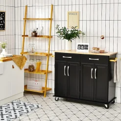 Desserte de Cuisine à Roulettes Verrouillables 2 Tiroirs 2 Porte Serviettes 2 Armoires à Double Porte Comptoir en Bois Noir