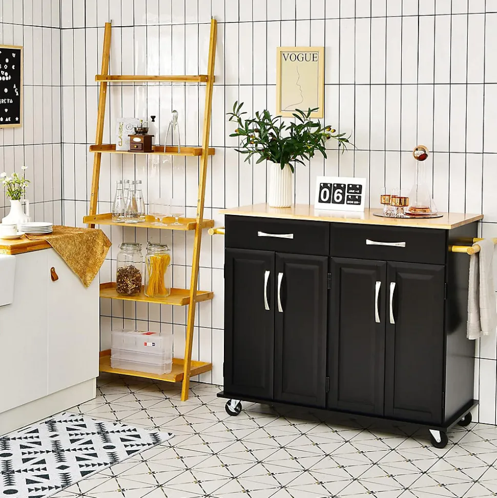 Desserte de Cuisine à Roulettes Verrouillables 2 Tiroirs 2 Porte Serviettes 2 Armoires à Double Porte Comptoir en Bois Noir