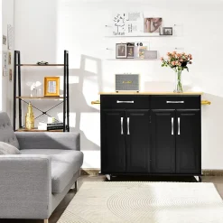 Desserte de Cuisine à Roulettes Verrouillables 2 Tiroirs 2 Porte Serviettes 2 Armoires à Double Porte Comptoir en Bois Noir