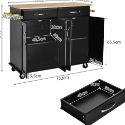 Desserte de Cuisine à Roulettes Verrouillables 2 Tiroirs 2 Porte Serviettes 2 Armoires à Double Porte Comptoir en Bois Noir