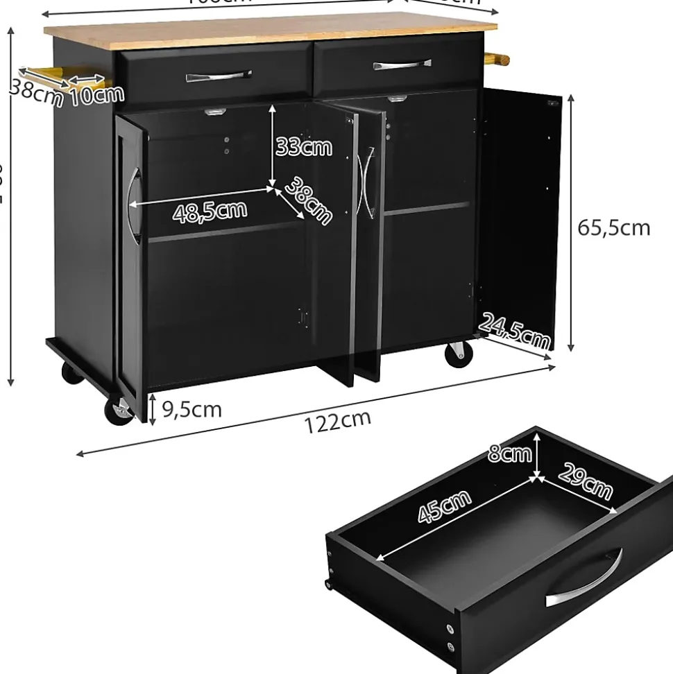 Desserte de Cuisine à Roulettes Verrouillables 2 Tiroirs 2 Porte Serviettes 2 Armoires à Double Porte Comptoir en Bois Noir
